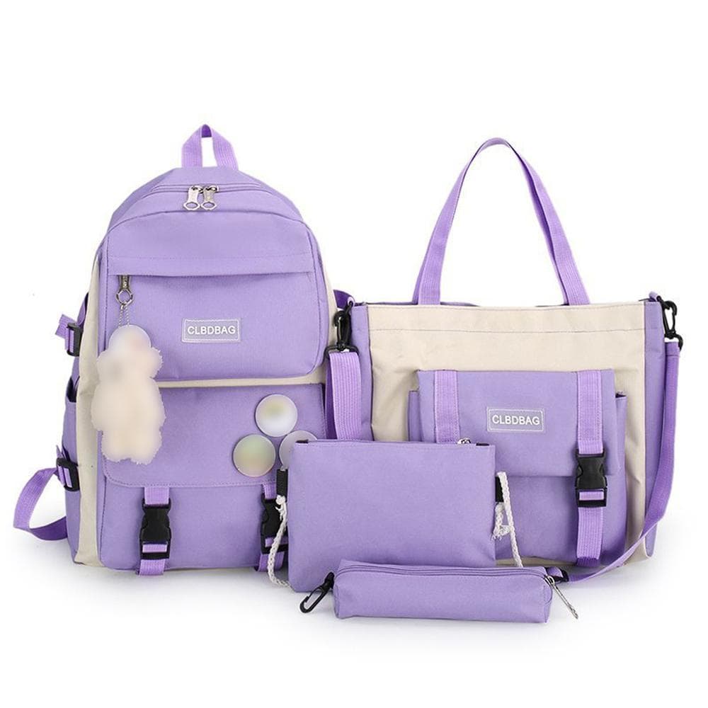 Set of 4 Backpack Set Canvas School Bag Bookbag Large Capacity Shoulder Travel Bag Handbag Pencil purple