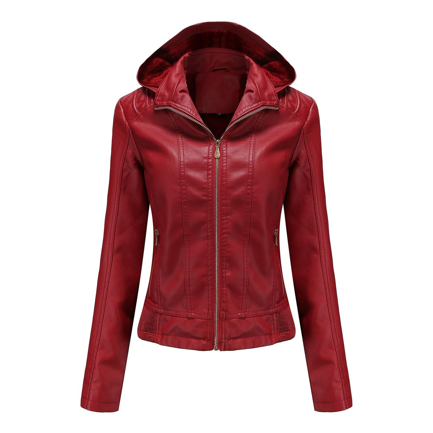 Autumn and Winter Hooded Leather Jacket for Women with Detachable Hood, Zipper, Long Sleeves, Fleece Leather Jacket, European Size Slim Coat S