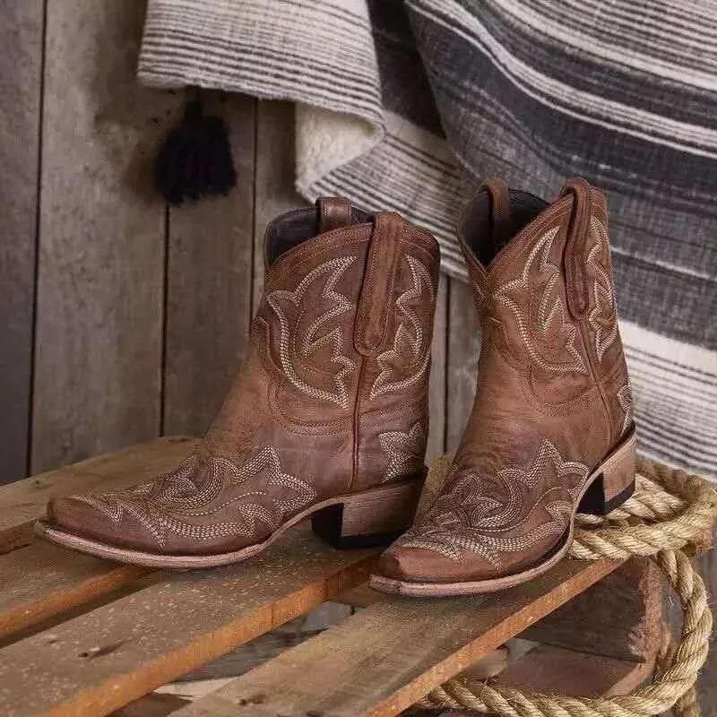 Fashion Vintage Embroidery Cowboy Woman Boots 2024 Autumn Winter Thick Heels Ankle Boots For Women Red PU Leather Western Botas Mujer 38 brown