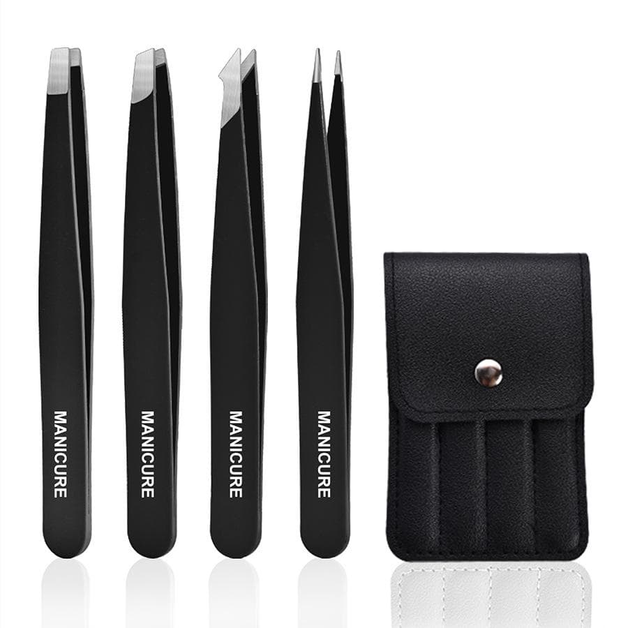 4pcs Stainless Steel Colorful Eyebrow Tweezers Kit, Portable Eyebrow Shaping And Hair Removal Tool Set Makeup Accessories,Tweezers,Makeup Tools black