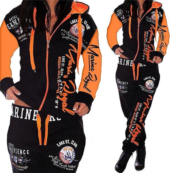 Fashion Women Clothing Women Hooded Tracksuit Printing Fashion Sets Sportswear Athletic Sets XXL orange/black