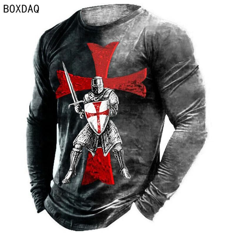 3D Heroic Templar T Shirt Men's Long Sleeve All-match Tops Fashion Street Hip Hop Cool Clothing Men Casual TShirts Oversized 6XL XL