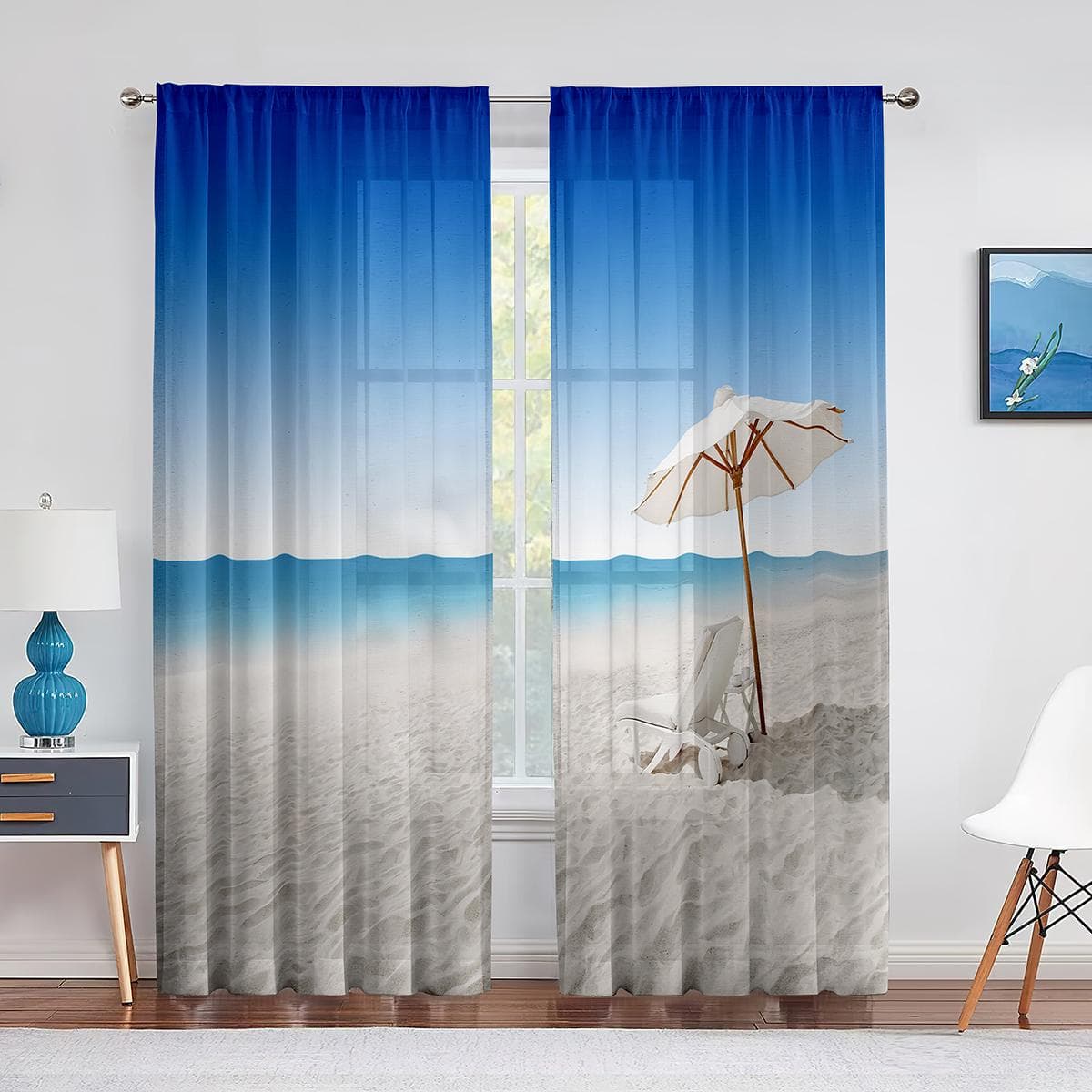 Ocean Seascape Beach Summer Holiday Theme Tulle Curtains for Living Room Bedroom Decoration Luxury Kitchen Voile Sheer Curtains 1 PCS W100XH250cm&Grommet Top
