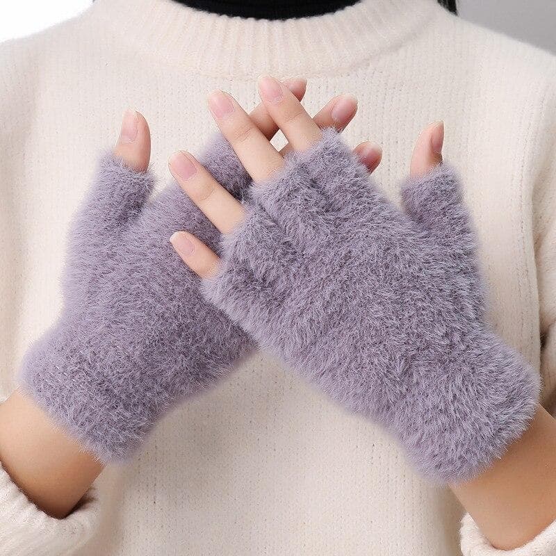 New Solid Color Imitation Mink Half Finger Gloves Fluffy Plush Fingerless Gloves Stretchy Arm Warmers Autumn Winter Warm Mitten M grey