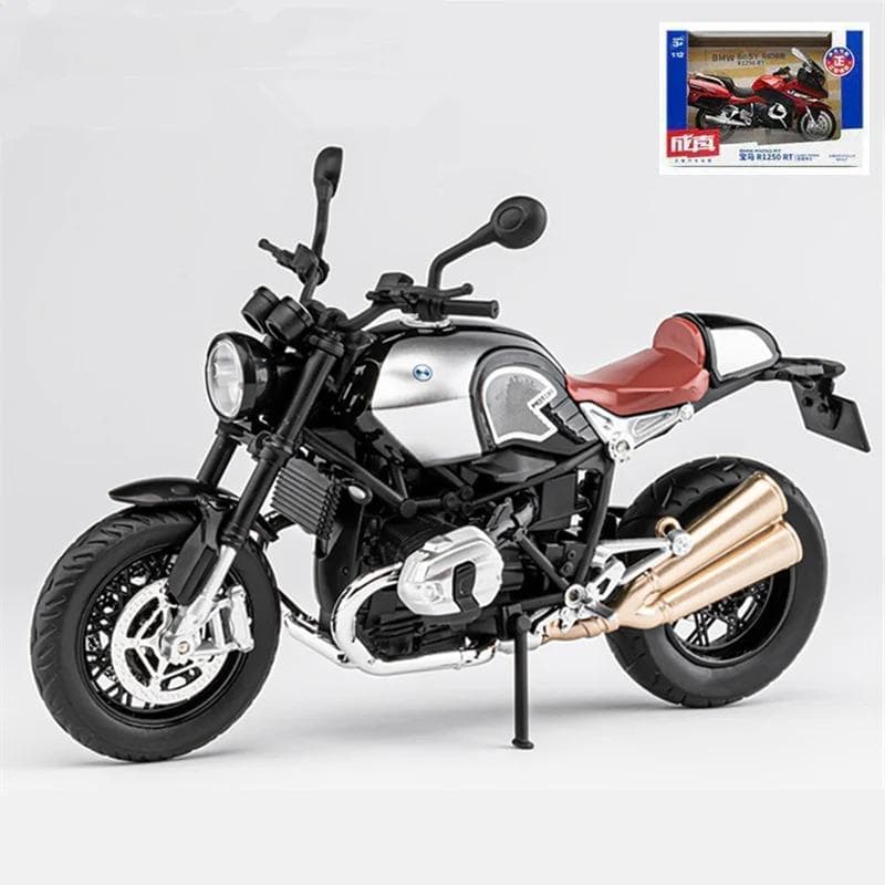 1/12 BMW R NINE T Alloy Retro Sports Motorcycle Model Diecast Metal Street Racing Motorcycle Model Sound and Light Children Toy Gift 1/12-Size:17.5*7*11cm black