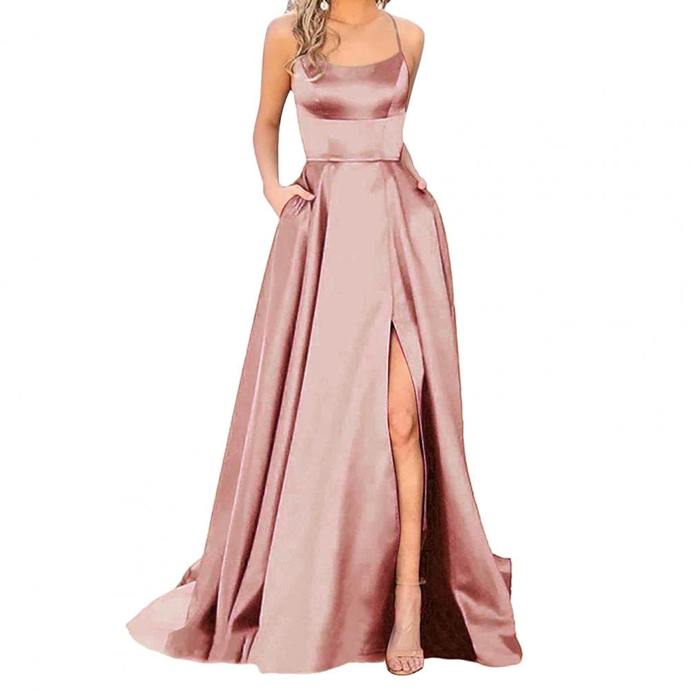Prom Maxi Dress Elegant Satin Evening Dress with Spaghetti Straps High Slit Side Pockets for Prom Banquet or Party Off Shoulder XXXL rose gold