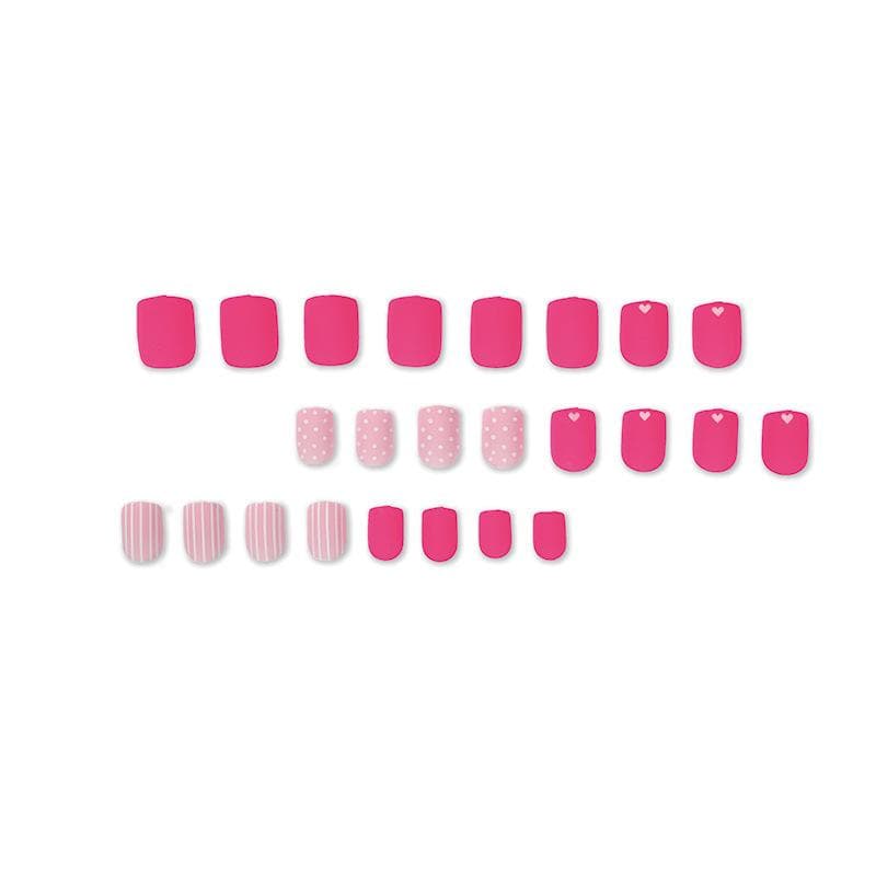 24pcs Short Square Baby Pink Striped Dots Heart Pattern Fake Nails Press On Nails Nail Art Supplies