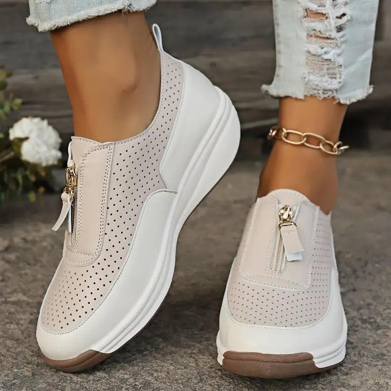 Spring/Summer New Soft-soled Roman Retro Sneakers Casual Front Zipper Women's Shoes Mom Shoes Loafers 40 khaki