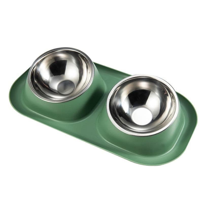 1pc Stainless Steel Double Cat Dog Bowl Cat Food Container Non-slip Base Pet Water Feeder Tilt Safeguard Neck Puppy Cats Bowls green