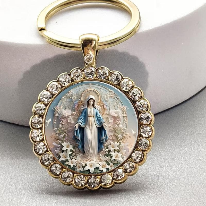 Alloy Round Keychain Virgin Mary Keyrings Pendant Christian Saint Jewelry Religious Christian Faith Gift A13