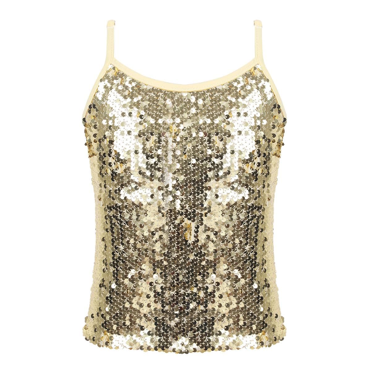 Kids Girls Shiny Sequins Camisole Tank Top for Jazz Modern Dance Competition Spaghetti Straps Vest 11-12 Years