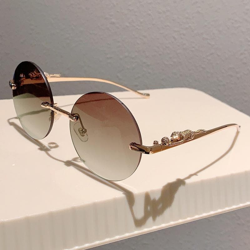 Vintage y2k Rimless Round Sunglasses Women Men Luxury Designer Punk Metal Leopard Head UV400 Protection