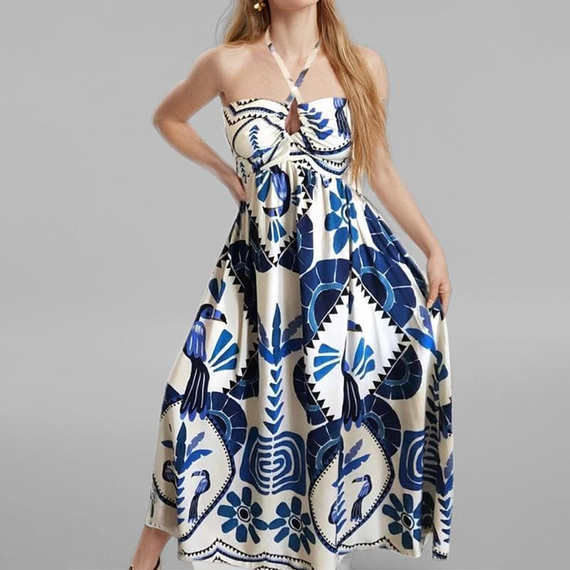 Spring New Women's Clothing Elegant and Elegant Printed Hollow Large Halter Neck Strap Dress 3XL