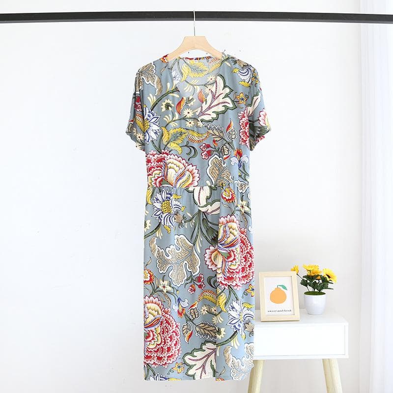 Summer New Ladies V-neck Nightdress Short Sleeve Home Dress Floral Comfort Large Size Dress Thin Section women L