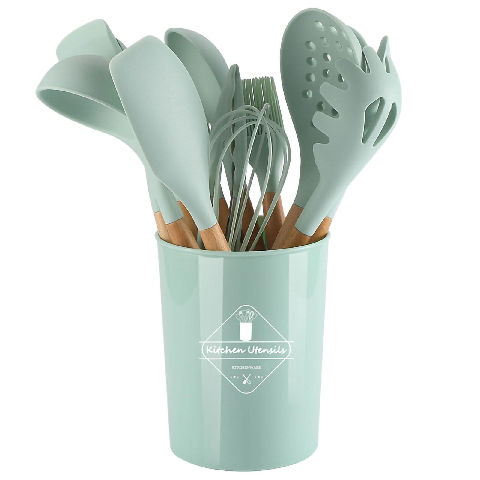 Kitchenware Kit Silicone Cookware Set Wood Handle Non Stick Cooking Utensils with Container Dark light green
