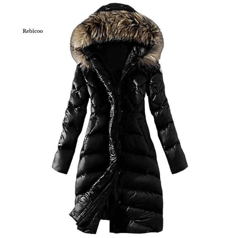 Winter Women's Fashion Slim High Imitation Raccoon Fur Collar Down Coat Hooded Long Cotton Jacket S black