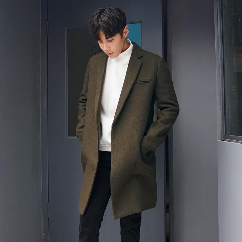 Men's Medium and Long Youth Solid Color Trench Coat Korean Version Loose Thickened Woolen Coat 2XL