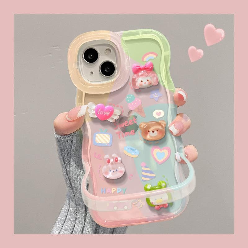 Applicable To Apple 15 Mobile Phone Case IPhone 14pm Cute Rabbit Bear Doll 13 Wavy Side Invisible Double Stand iphone 12