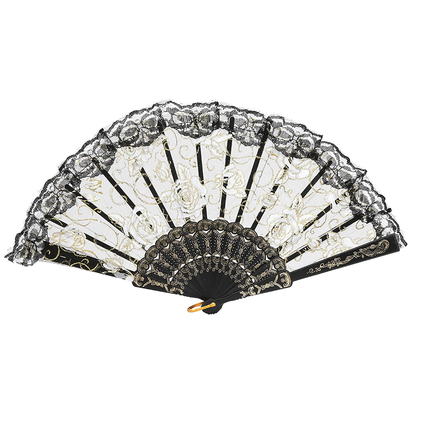 European Hand Lace Rose Flower Gilding Folding Fan Dancing Party Fan(black) black