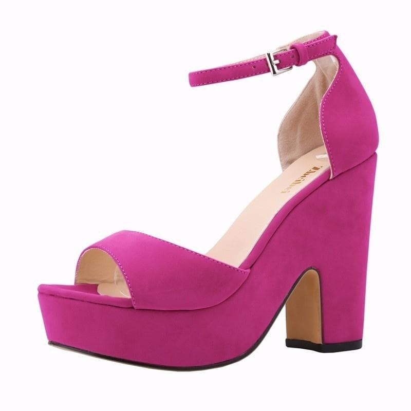 Summer Ankle Strap Sandal 12cm Women Pumps Sexy Peep Toe Square High Heels Woman Shoes Flock Platform Wedding Shoes 36 Rose