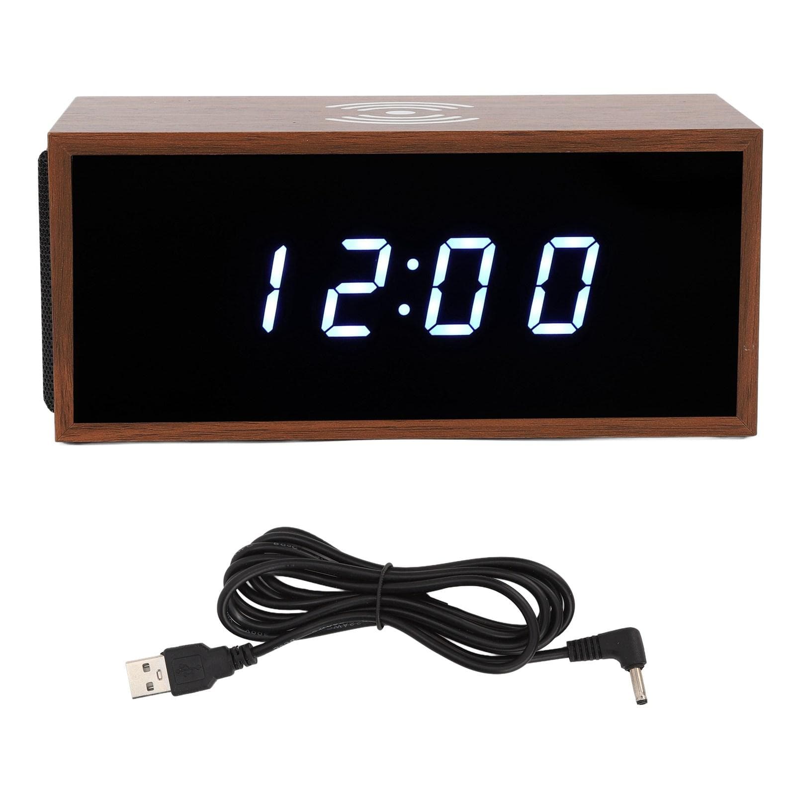 Digital Alarm Clock Wireless Charger Function MDF PVC LED Display Brown Independent Function Keys
