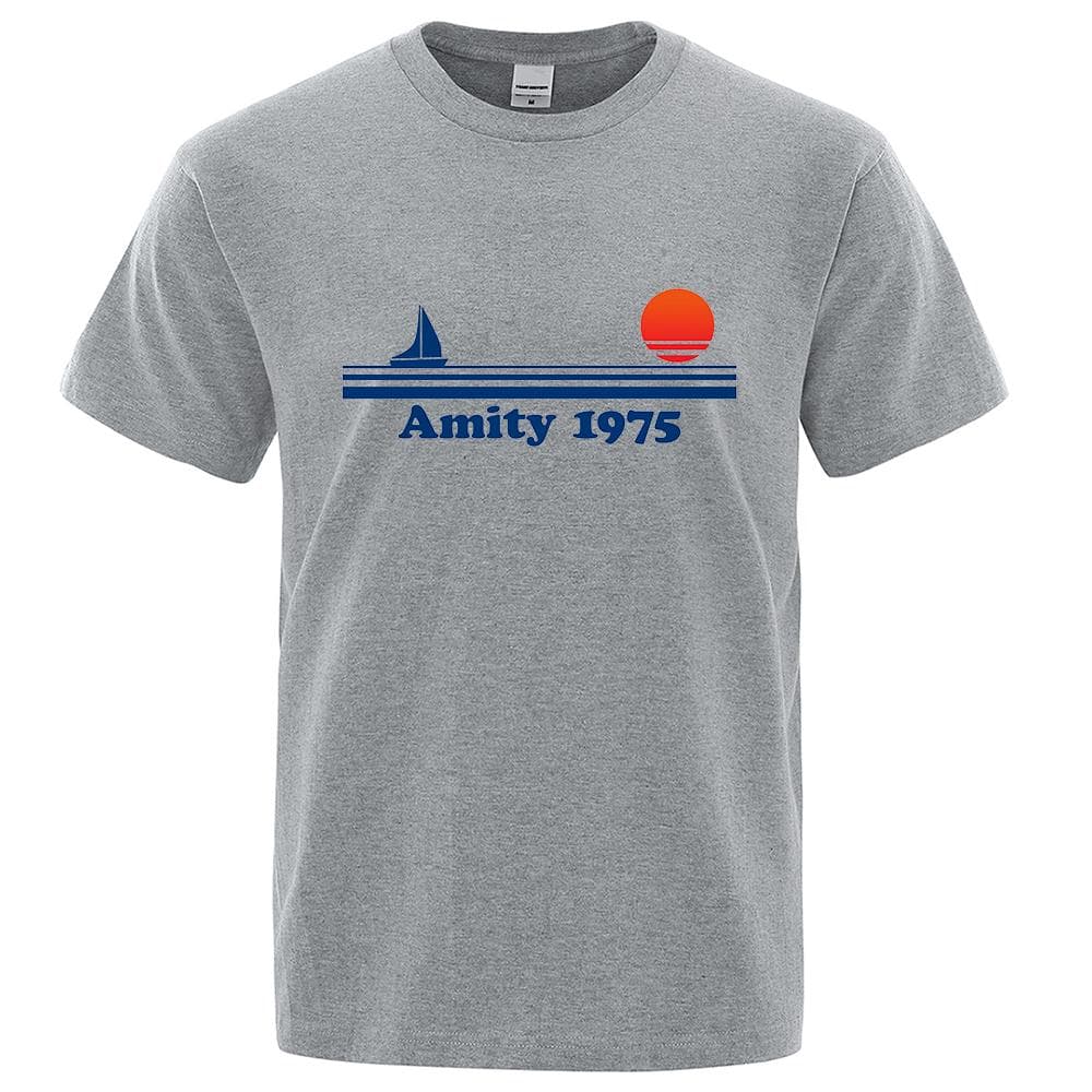 cotton Amity 1975 - Jaws Retro Print Tshirt Men Creativity Sweat Clothing Fashion Tee Clothes T Shirts Breathable Cotton T-Shirts Man XL gray
