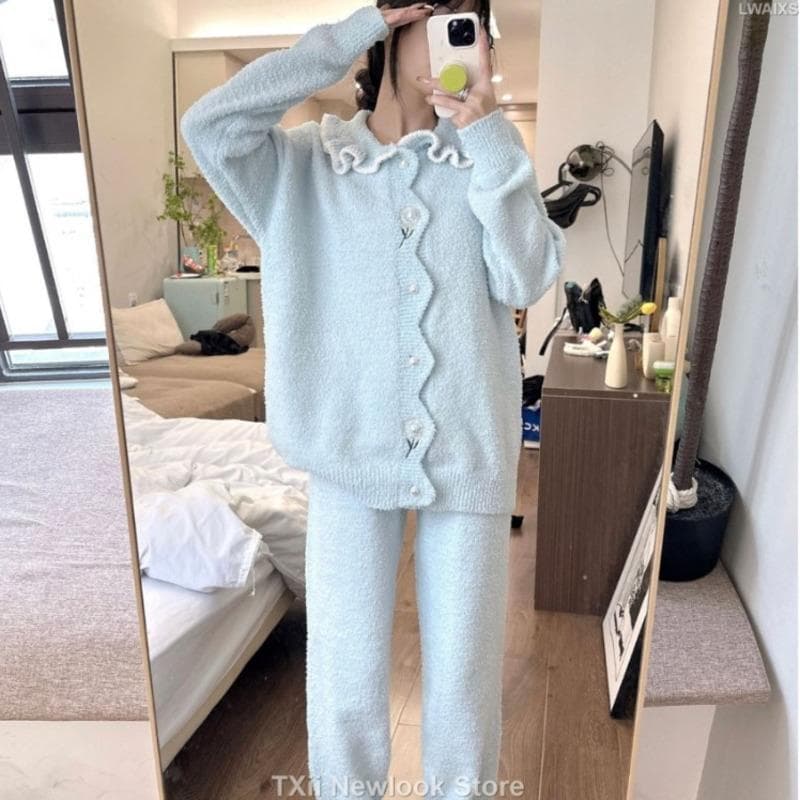 Pajamas Women's Autumn and Winter Sweet Simple High-grade Soft Fleece-lined Thickened Warm Cardigan Outwear Home Clothes Suit One Size