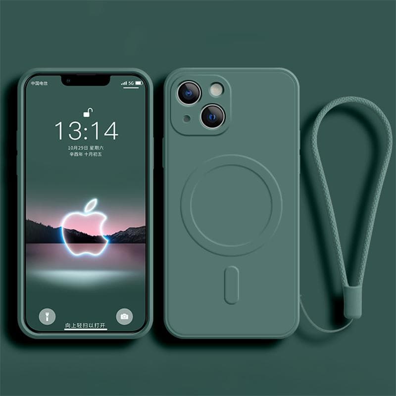 Wrist Strap Silicone Phone Case for IPhone 13 14 15 16 Pro Max 12 11 X XR XS 7 8 Plus SE for Magsafe Magnetic Wireless Charging Cover iPhone 16 Pro Max dark green