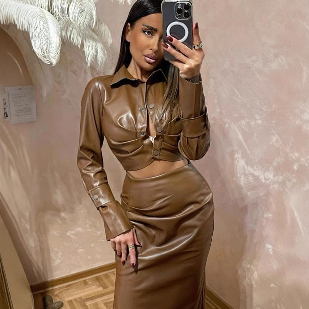 Women's Clothing New Slim Long-sleeved Top High Waist Pleated Slit Hip Skirt Two-piece Set L