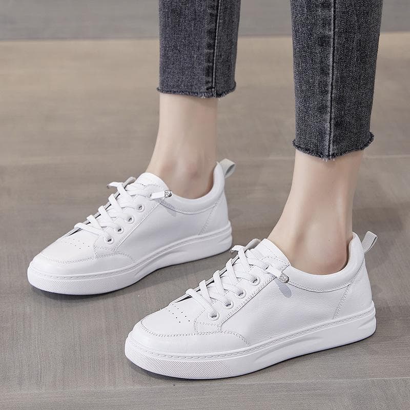 Genuine Leather Small White Shoes Women's Shoes New Spring Hot Style Sports Board Shoes Toe Layer Cowhide All-match Casual Spring and Autumn 41 white