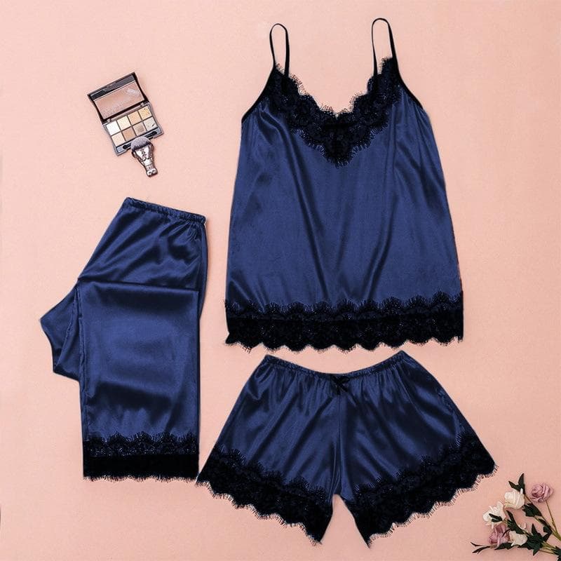 Women's Satin Pajama Set Lace Trimmed Pajamas V Neck Camisole Shorts Trousers Summer Home Wear 3 Piece Pajamas Home Wear Set S