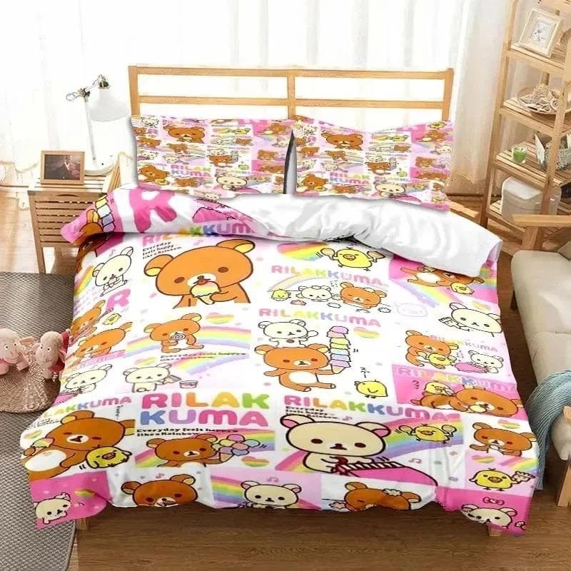 3dCartoon Rilakkuma Bear Bedding Set Duvet Cover Bed Set Quilt Cover Pillowcase Comforter king Queen Size Boys Adult Bedding Set EU Single 135x200cm