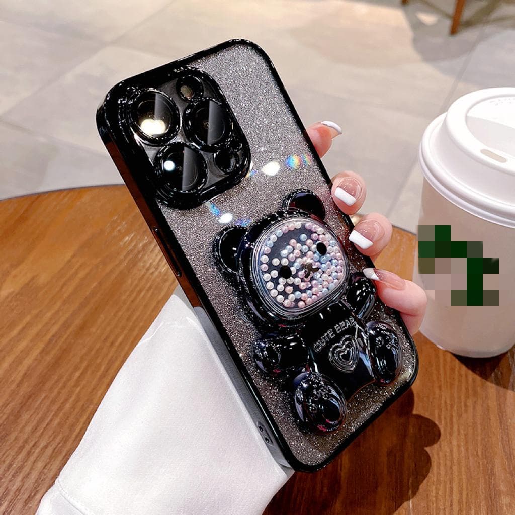 Suitable for IPhone15 Case, Gradient Glitter Apple 16 Silicone 14Promax Fashionable Bear Stand iPhoneXS