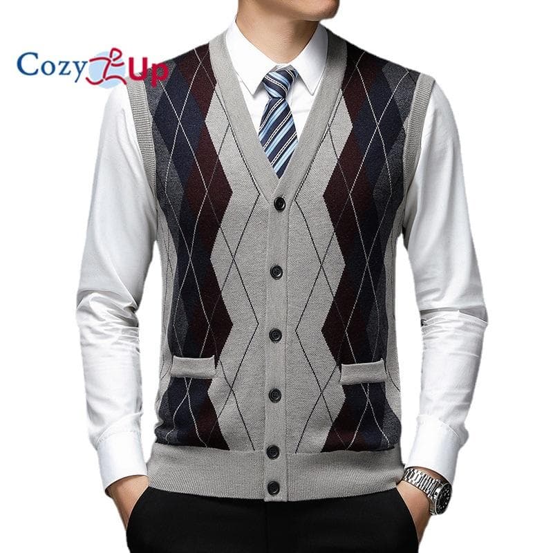 Cozy Up Men's Sweater Vest Cardigan Button Front Knitwear Contrast Color Argyle Sweater Vest XXL beige
