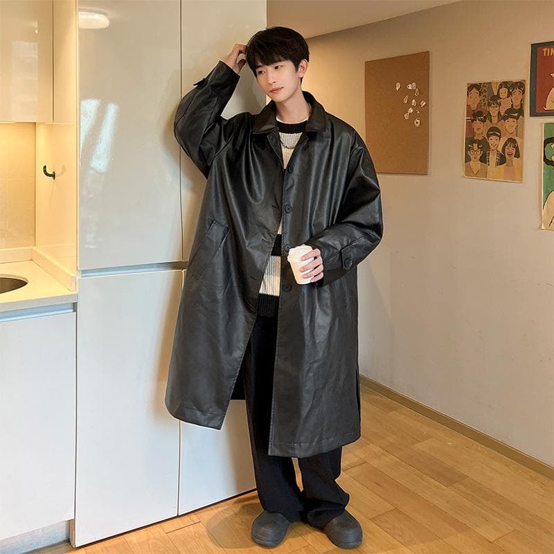 Men's Lapel Leather Jacket Spring and Autumn New Men's Youth American Retro Dark Fashion Mid-Length Leather Jacket 8XL black