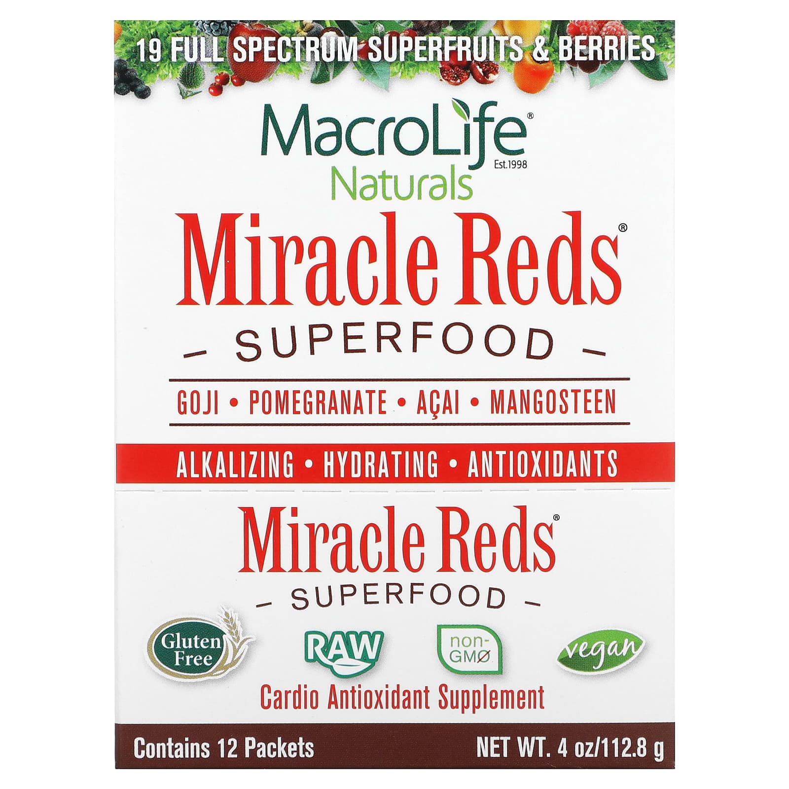 Macrolife Naturals, Miracle Reds, Superfood, Goji Berry, Pomegranate, Acai, Mangosteen, 12 Packs, 0.3 oz (9.5 g) Each