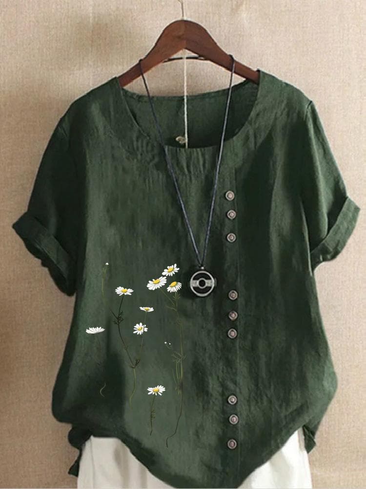 Cotton and Linen Printed T Shirt Tops Women's Summer Loose T Shirt Shirts 4XL army green