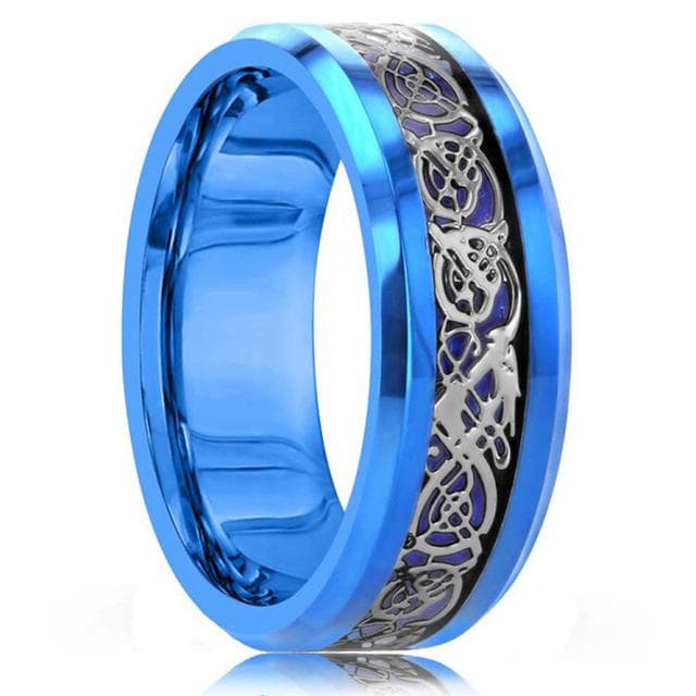 Fashion 8mm Men Red Groove Beveled Edge Stainless Steel Celtic Dragon Ring Zircon Inlay Red Carbon Fibre Ring Men Wedding Band 9