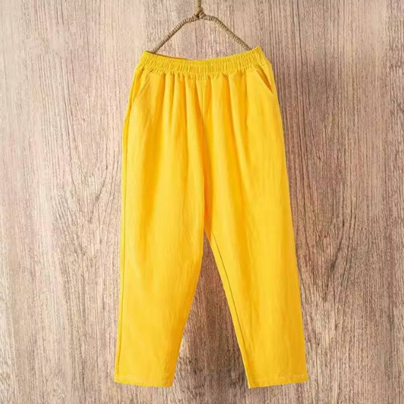 Women Summer Casual Loose Harem Elastic Waist Cotton Linen Pants Ninth Trousers XL yellow