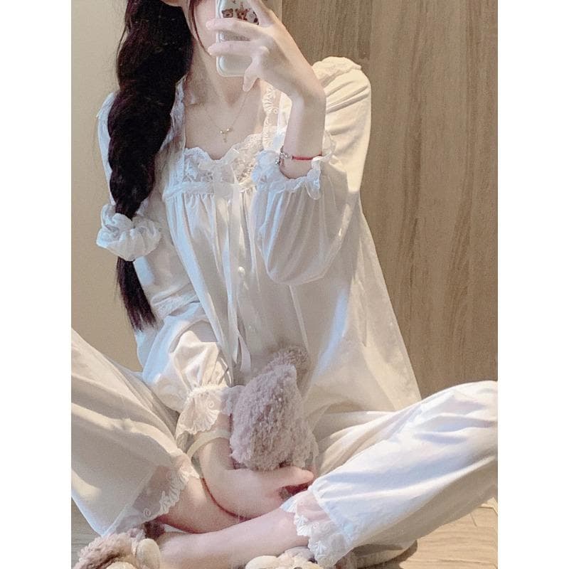 French Vintage Palace Style Pajamas Women Home Clothes Loose Long Sleeves Pijama Sexy Mujer V-Neck Conjuntos Feminino Elegante M