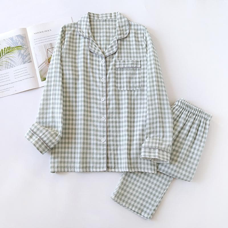 Spring and Summer Couple Pajamas Set 100% Cotton Double Layer Gauze Men and Women Japanese Plaid Suit Long Sleeves L