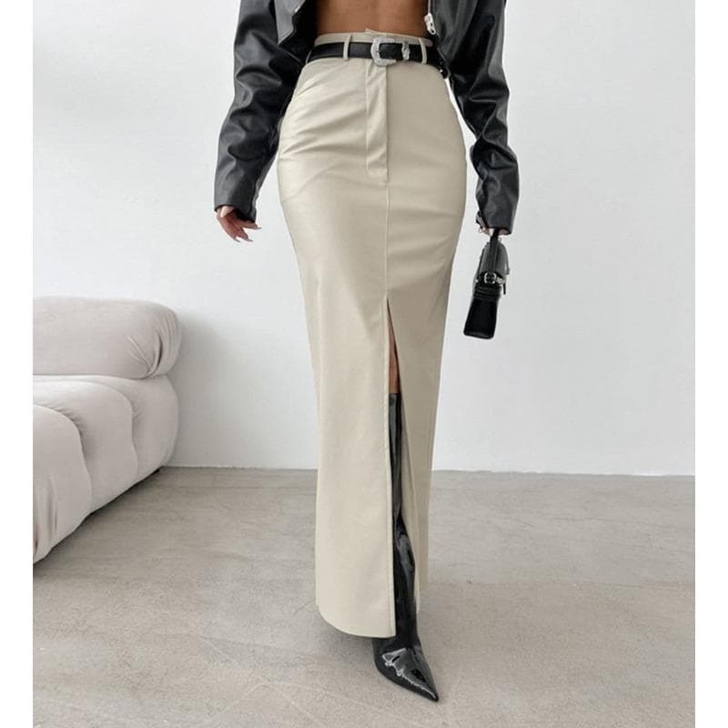 Women's Leather Design Slit Solid Color High-waist Simple Leather Slim Skirt M white