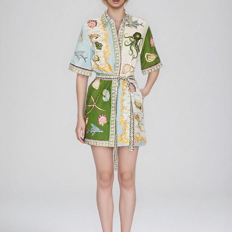 Spring New Women's Fashion Printed Temperament Lapel Strap Short-sleeved Dress S
