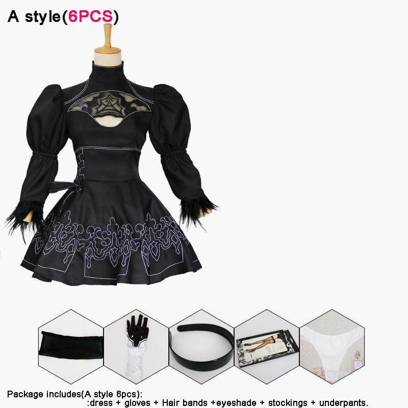 Sexy Nier Automata Yorha 2B Cosplay Suit Anime Women Outfit Disguise Costume Fancy Halloween Carnival Girls Party Black Dress + Wig Costumes Set L