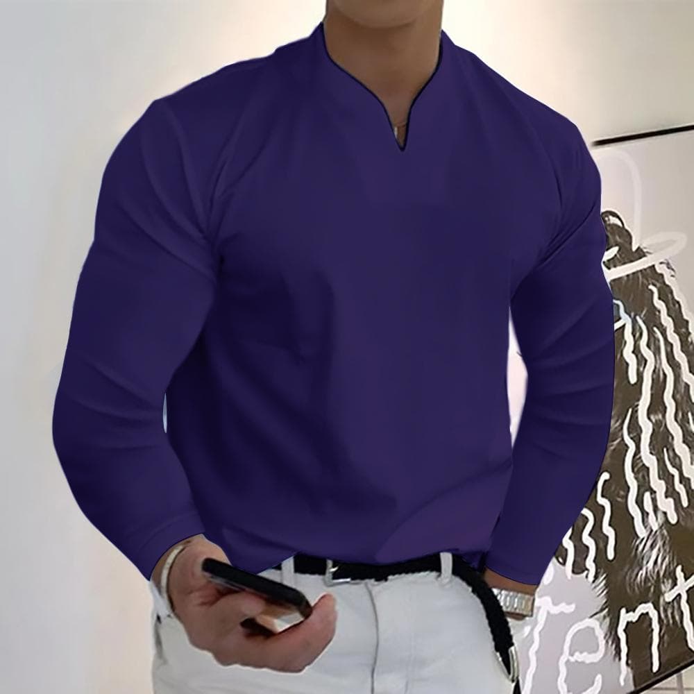 Order A Size Up,Men's Clothes Spring Autumn V-neck Loose Fit Long Sleeve T-shirts Solid Color Tops Casual Tees Shirts Mens Shirts XXXXL dark purple