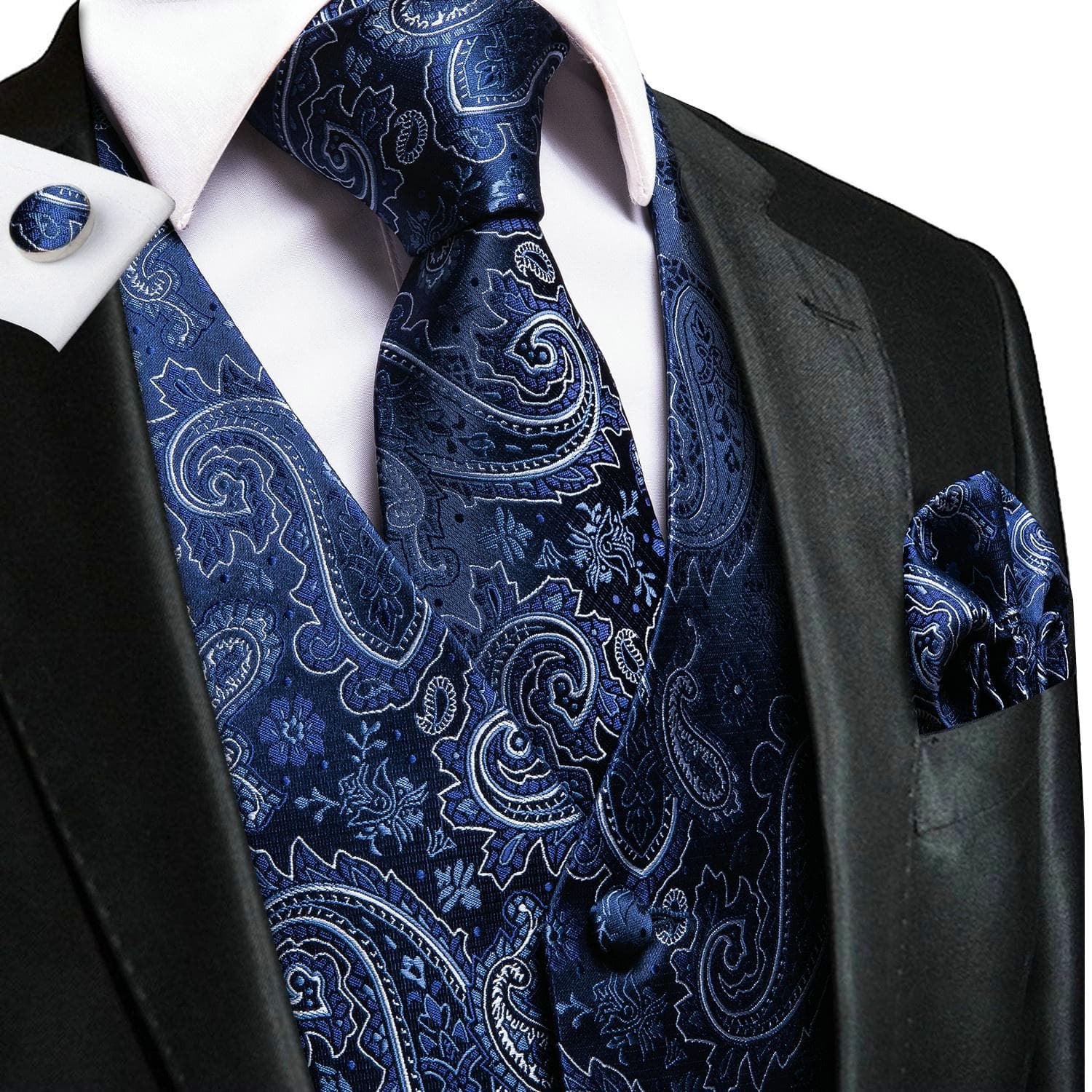 Hi-Tie Mens Waistcoat Silk Paisley Floral Tie Handkerchief Cufflinks SET Formal M