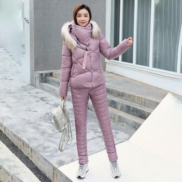 Women Winter Short Hooded Shawl Collar Windproof Two Pieces Suit Coat Puffer Jacket Cotton Padded Parkas Warm Outwear 6 Colour M pink