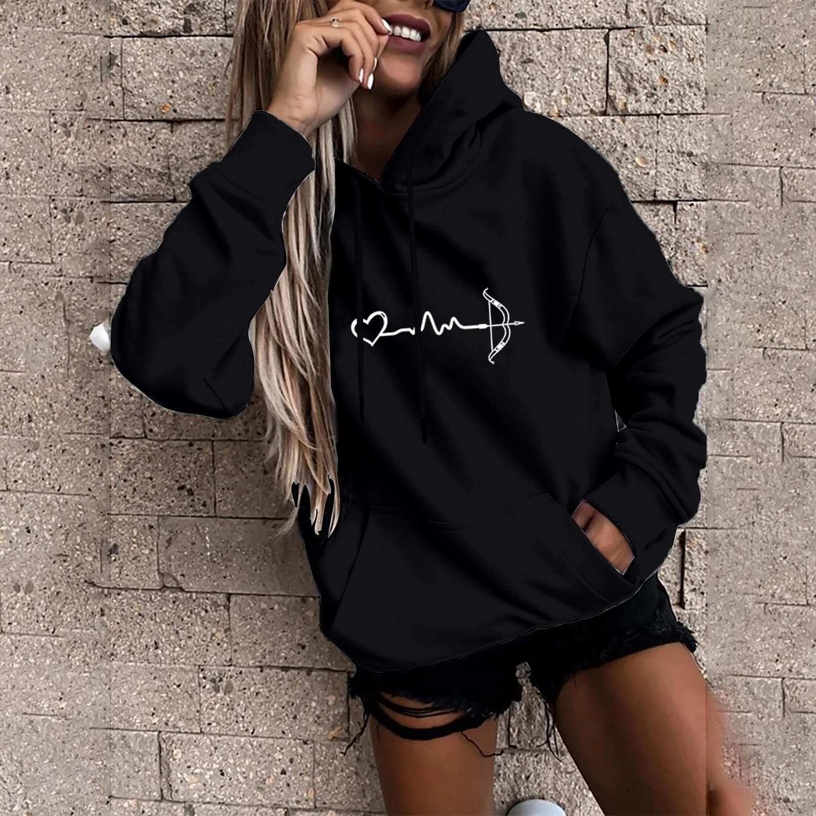 Women's Fashion Casual Fun Print Hooded Sweatshirt Loose Sports Tops Pullover S black