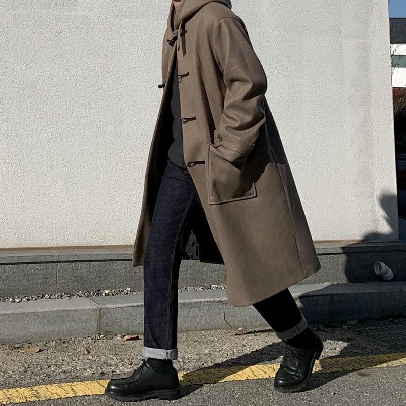 Woolen Coat Men's Mid-length Coat Hooded Lapel Jacket Trendy Men's Horn Button Woolen Windbreaker M