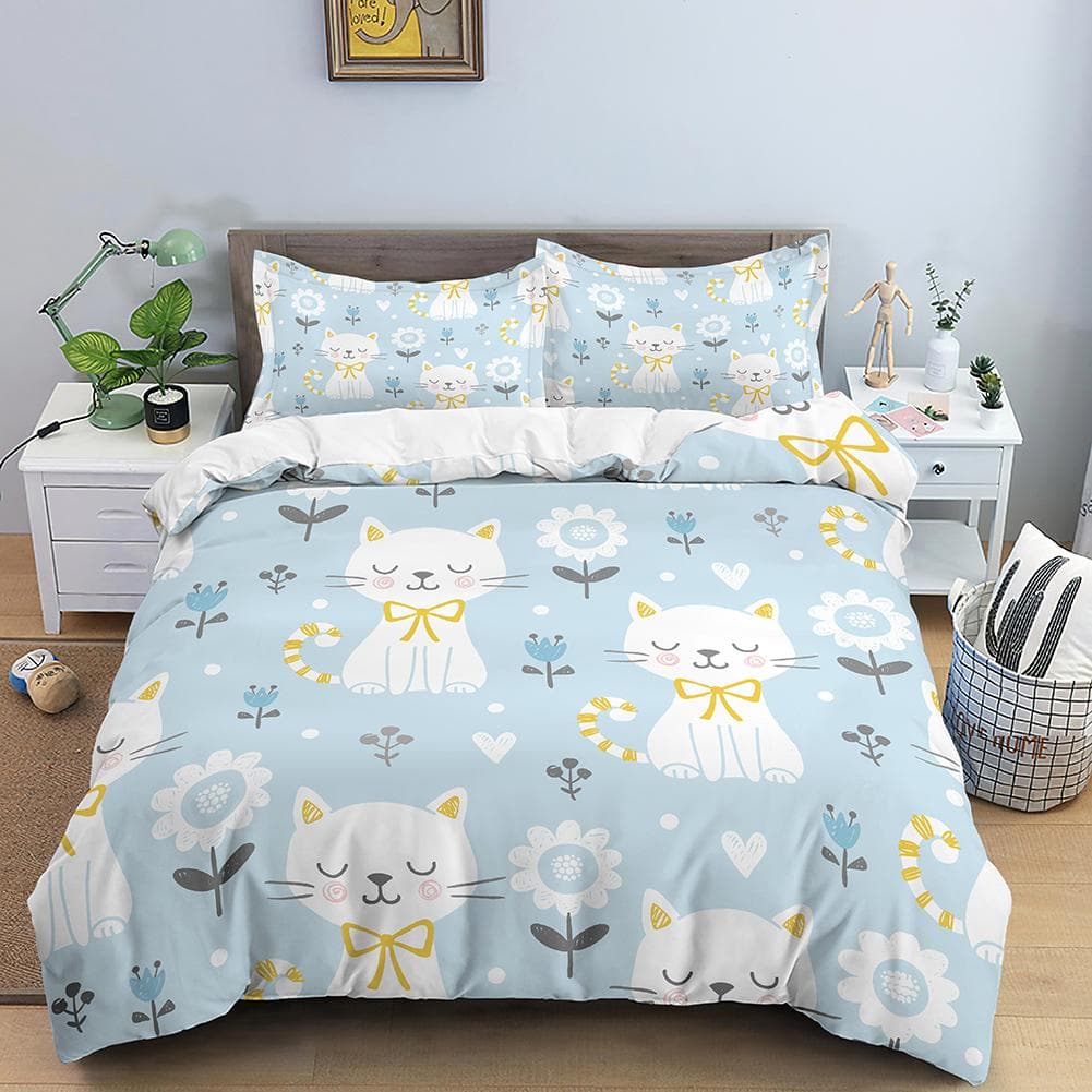 Cartoon Bedding Set Cute Cats Printed 3D Duvet Cover Set Twin Full Queen King Double Sizes Pillowcase Bedclothes Soft Polyester EU Double(200x200cm)